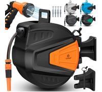 Enrouleur de tuyau automatique mural orange - KESSER - Pivotant à 180° - Support mural amovible - Tuyau d'arrosage 15 m