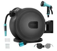Enrouleur de tuyau de 20 m. Technologie SlowReturn. Conception portable et ergonomique. Buse simple et pistolet pulvérisateur à 8 fonctions inclus. Raccord universel 3 en 1.