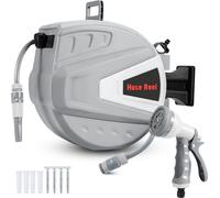 Enrouleur de tuyau Jayseuw Enrouleur de tuyau 30M pivotant à 180° Premium automatique Boîte à tuyau murale avec pistolet à eau, Support mural inclus, Gris