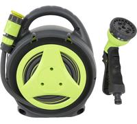 Enrouleur de tuyau portable - Enrouleur de tuyau d'arrosage - Tuyau de 12 m - Buse de pulvérisation - Peu encombrant - Résistant à l'abrasion - Plastique - Vert