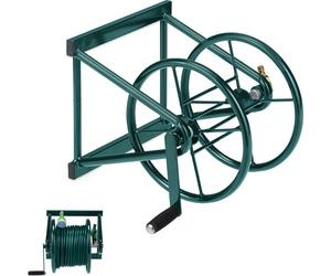 Enrouleur de tuyau Relaxdays, fixation murale, pour tuyau de 60 m, 2 raccords à clip, acier, support de tuyau, vert