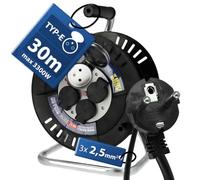 Enrouleur Électrique 30 m 4 Prises Type E avec Terre 3×2,5mm² 230V IP44 | Enrouleur Ménager et Rallonge Électrique 3300W -Enrouleur de Câble d'Exteriéur pour Jardin, Chantier, Garage- Horoz Electric