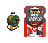 Enrouleur jardin étanche IP44 câble orange 2x1,5 mm² 22+3m avec prise 16A 2P & Scotch-Fix Ruban Adhésif Double Face de fixation Extrême pour Extérieur, 19 mm x 1,5 m - Pour un Usage Extérieur