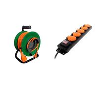 Enrouleur jardin étanche IP44 câble orange 2x1,5 mm² 22+3m & coupe circuit - Zenitech & Bloc étanche IP44 5 prises 16A 2P+T avec clapets et interrupteur - Câble HO5RRF 3G1 de 1,5m