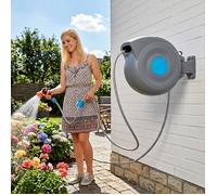 Enrouleur mural 20m avec retour automatique, 9 fonctions, pivotant 180°, résistant UV et gel, pour jardin - kit complet - Bleu
