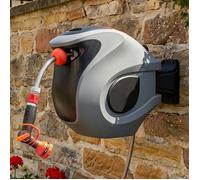 Enrouleur tuyau arrosage 30m mural 9 jets buse, rotation 180°, verrou réglable anti UV gel kit jardin gris rouge 61x9.4x41.5cm