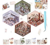 enseak 4 Set DIY 3D House Stickers,3D House Sticker Set,Sticker 3D House for Kids,3D Sticker Scenes Book,Fun DIY Stickers Scene Make Your Own Supermarket/Coffee Shop/Restaurant/Bookstore Adult Kids