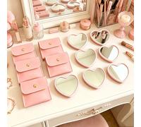 Ensemble 1/2/20 pièces Miroir de maquillage en forme de cœur rose, blanc, noir et sac de maquillage, miroir de maquillage en verre rose portable avec sac de maquillage exquis, miroir de poche compact 