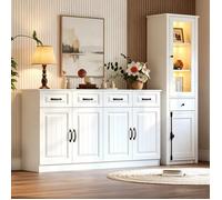 Ensemble 2 meubles salon MDF blanc, bahut 160x35x80cm + vitrine 55x40x200cm, ensemble combiné grand rangement salon moderne