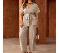 Ensemble 2 pièces femme grande taille, printemps, automne et hiver. Style romantique français de Sicile, élégant et décontracté pour le travail ou les vacances. Top en tissu de lin avec col chemise, e