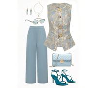 Ensemble 2 pièces grande taille d'été élégant pour le travail avec gilet jacquard et pantalon long 0XL,1XL,2XL,3XL,4XLPlantesTissu tissé