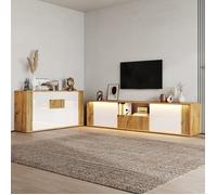 Ensemble 2 Pièces Meuble TV 75 Pouces et Buffet 3 Portes, Blanc Effet Bois, 180×40×51-140×35×71cm, Meuble Moderne pour Salon