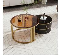 Ensemble 2 tables basses rondes 70×70×45 & 50×50×40 cm, verre trempé brun et MDF laqué, pieds noirs - style moderne
