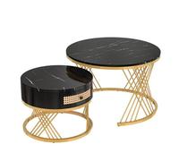 Ensemble 2 tables basses rondes 70×70/50×50 cm, plateau effet marbre MDF, pieds métal doré - noir