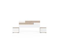 Ensemble 2 tables de chevet + tete de lit coloris effet bois / blanc - Hauteur 105 x Longueur 212 x Profondeur 36 cm --