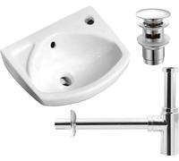 ENSEMBLE 3 en 1 : petit lavabo mural en céramique 35 x 28 cm, blanc - siphon - bouchon
