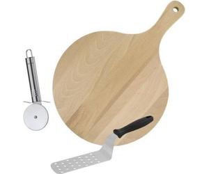 Ensemble 3 Ustensiles Pizza FACKELMANN, Planche Bois Ø30cm, Pelle Acier Inoxydable, Roulette