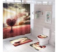 Ensemble 4 Pièces Salle Arbre d'amour Tapis 50X80Cm Antidérapant Absorbant en Microfibre + Contour WC + Rideau De Douche
