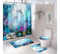 Ensemble 4 Pièces Salle Dauphin Tapis 50X80Cm Antidérapant Absorbant en Microfibre + Contour WC + Rideau De Douche