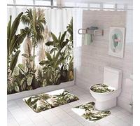Ensemble 4 Pièces Salle Feuilles Tapis 50X80Cm Antidérapant Absorbant en Microfibre + Contour WC + Rideau De Douche