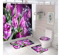 Ensemble 4 Pièces Salle Fleurs Roses Tapis 50X80Cm Antidérapant Absorbant en Microfibre + Contour WC + Rideau De Douche