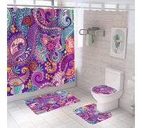 Ensemble 4 Pièces Salle Violet Tapis 50X80Cm Antidérapant Absorbant en Microfibre + Contour WC + Rideau De Douche