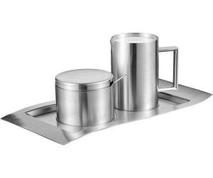 Ensemble 4 pièces Unyqoos® pour le lait et le sucre – Acier inoxydable brossé (argent), plateau 26×14 cm, verseuse à lait 0,25 l (10×6,5 cm), sucrier 0,2 l (7,5×6 cm), incluant une cuillère à sucre, c