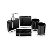 Ensemble Accessoires Salle de Bain 5 Pièces Noir, Distributeur Savon Liquide, Porte-Brosse à Dents et Gobelet, Support Savon, Lot Hygiène Salle de Bain Moderne pour Maison
