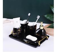 Ensemble Accessoires Salle de Bain Noir Marbre Doré - 6 Pièces - Céramique - Moderne - Rangement Complet - Cadeau