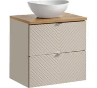 Ensemble AOKI : meuble sous vasque à tiroirs 60cm + plan vasque chêne + vasque blanche ronde à poser