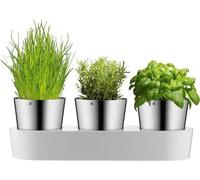 Ensemble automatique de jardin d'herbes aromatiques en 3 parties, comprenant 3 pots en Cromargan et un réservoir d'eau de 107 cm de diamètre.