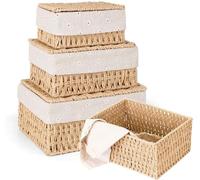 Ensemble Azomor® comprenant 3 paniers de rangement polyvalents avec couvercle, pour la maison et le bureau, fabriqués à partir de matériaux naturels