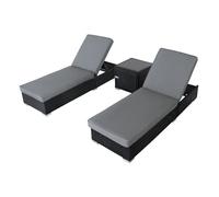 Ensemble Bains de Soleil Polyrotin Noir 3 Pièces Table d'Appoint Jardin Piscine