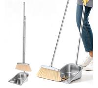Ensemble balai et pelle à long manche 118 cm | Balai et pelle verticale en acier inoxydable avec dents de peigne, kit de balayage très efficace pour la maison, le bureau