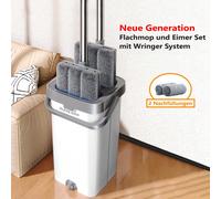 ® Ensemble balai et seau avec essoreuse pour la maison, système de balai plat et seau de 40 cm pour le nettoyage des sols et des murs, balai humide/sec avec 2 tampons en microfibre lavables Système de