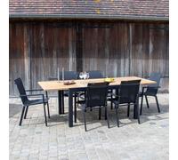 Ensemble BALITECK 6/10p en aluminium noir, plateau en Teck avec 6 fauteuils