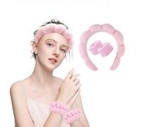 Ensemble bandeau et bracelet en peluche pour lavage du visage, soins de la peau, nettoyage du visage, spa à la maison, bandeau pour femme (rose)
