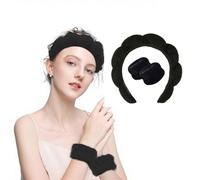 Ensemble bandeau et bracelet en peluche pour lavage du visage, soins de la peau, nettoyage du visage, spa à la maison, bandeau pour femme (noir)