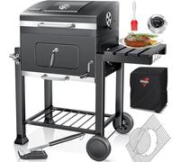 Ensemble barbecue au charbon XL avec chariot, couvercle et thermomètre : chariot pour barbecue au charbon, fumoir, barbecue sur pied avec grille, roues, grille de maintien au chaud et espace de rangem