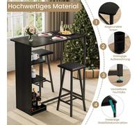 Ensemble Bartisch 3 pièces - Table haute avec 2 tabourets - Doté de compartiments de rangement - Gain de place, idéal pour les petites cuisines - Assises rembourrées - Noir