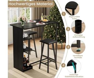 Ensemble Bartisch 3 pièces - Table haute avec 2 tabourets - Doté de compartiments de rangement - Gain de place, idéal pour les petites cuisines - Assises rembourrées - Noir