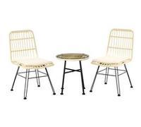 Outsunny Ensemble bistro de jardin 3 pièces 2 chaises + table basse ronde verre trempé 2 coussins zippés déhoussables polyester résine tressée PE métal galvanisé Ø 45 x 50 cm crème