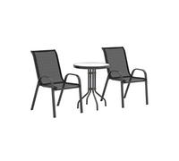 Ensemble bistro de jardin 3 pièces - 2 chaises, table ronde plateau verre - acier textilène noir