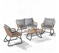 Ensemble bistro rotin tout temps 4 pièces : canapé, 2 fauteuils, table verre trempé, coussins gris - Idéal terrasse, balcon, jardin.