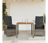Ensemble bistrot 3 pièces avec coussins, chaise de jardin en polyrotin gris avec dossier réglable, table d'appoint en bois d'acacia, assise confortable avec coussins épais, amovible et adaptable