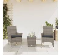 Ensemble bistrot 3 pièces en polyrotin, table grise avec plateau en verre et chaises avec coussins