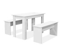 Ensemble blanc de salle à manger 3 pièces, table et 2 bancs | Matériau à base de bois, bords en PVC, installation facile, nettoyage avec un chiffon humide