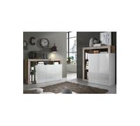 Ensemble Buffet 3P + Meuble Bar Blanc Laqué Niches Aspect Bois Antik - ARTURO -
