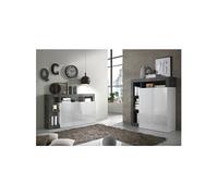 Ensemble Buffet 3P + Meuble Bar Blanc Laqué Niches Aspect Oxyde - ARTURO -