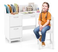 Ensemble bureau et chaise pour enfant COSTWAY, bureau pour enfant avec rangement, ensemble table et chaise pour enfant avec étagère et armoire, tables pour enfants à partir de 3 ans, blanc